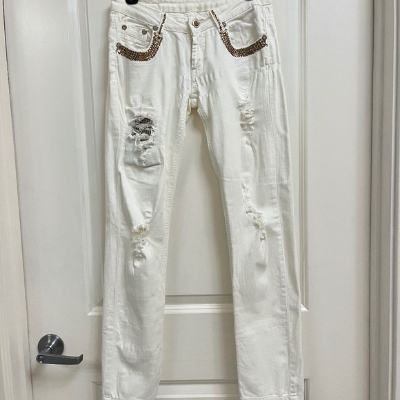 White Rhinestone Embellished Distressed Jeans – Size S - Picture 1 of 16
